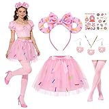 6 PCS Accesorios Disfraz Donut Mujer, Diadema Donut Pendientes Collar Tatuajes Faciales Falda Tutu Rosa Calcetines Altos, Complementos Disfraz Comida Disfraces Carnaval para Halloween Fiesta Festival