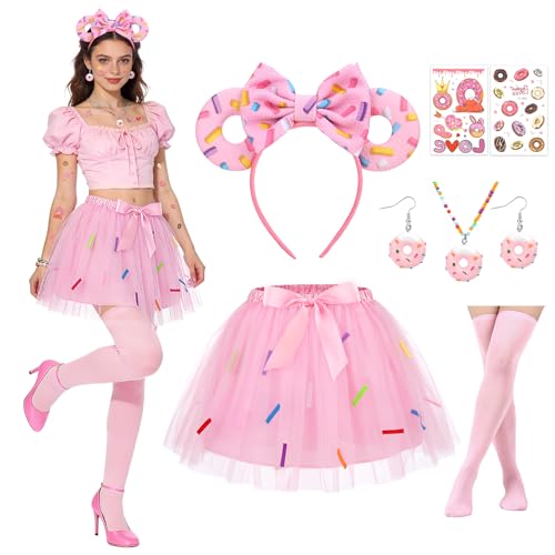 6PCS Déguisement Bonbon Femme, Déguisement Donuts - Serre Tête Donut Boucles d'Oreilles Collier Tatouage Jupe Tutu Rose Chaussettes Hautes, Costume Carnaval Femme pour Fête Cosplay Carnaval Halloween