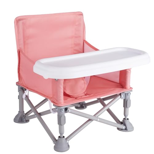 Furmubei Portable Baby Booster Seat with Tray, Toddler Booster seat for Dining, Camping, Travel, Baby Beach Chair 6 Months to 3 Years Old Indoor Outdoor Use Pink
