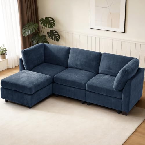 Image of TEKAMON 94 inch L Shaped Modern Sofa Modular Sectional Couch with Ottoman, 4-Seat Chenille Deep Seat Sofa for Living Room, Bedroom and Apartment, Blue