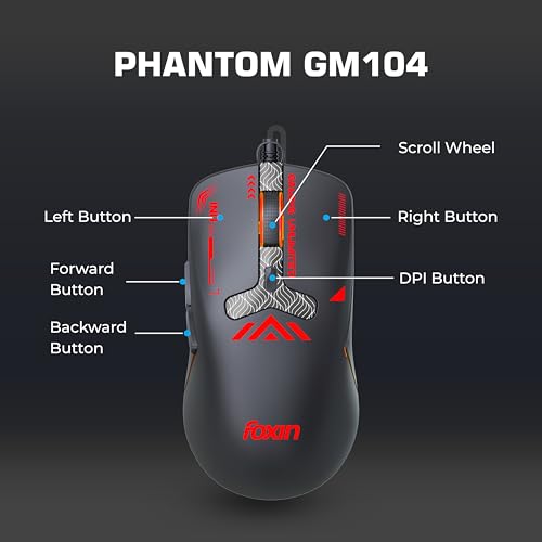 Image of Foxin Phantom GM 104 USB Wired Gaming Mouse with Upto 7200 DPI Gaming Sensor | 6 Buttons | Upto 10 Million Clicks | RGB Lighting | Ergonomic Design | 1.5m Cable (Black)