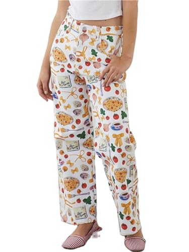 Alyweatry Women BUON Appetito Print Jeans High Waist Straight Leg Summer Fruit Tapas Print Denim Pants