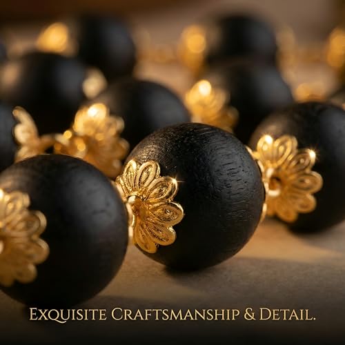 Image of Gratify Original Karungali Mala 54 Beads (7mm) for Men & Women | Authentic Black Ebony Wood Mala with Gold Plated Metal Caps | Spiritual Necklace for Meditation, Prayer, Energy Balance & Positive Vibes