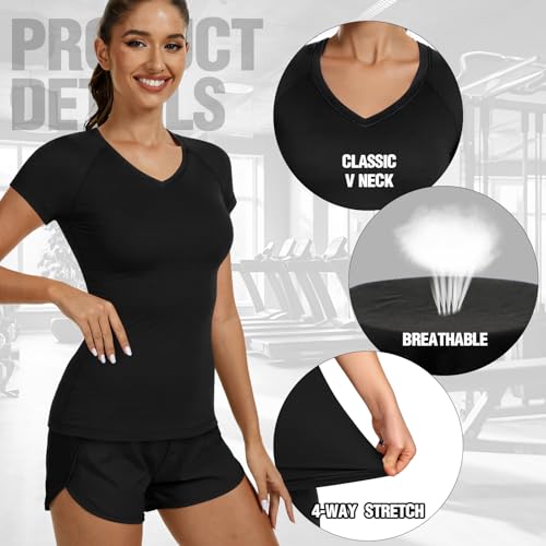 Coume 4 Pack Women's Compression Shirts Dry Athletic T Shirts Short Sleeve V Neck Fit Workout Tops Tight Running Yoga Tee3