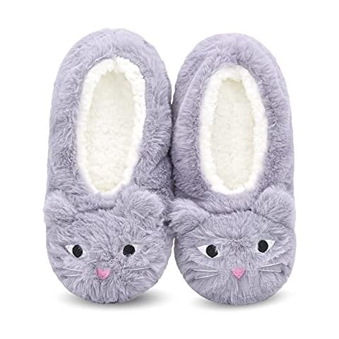 DICUIRD Womens Animal Soft Sole Slipper Socks with Grippers-Fuzzy House Slippers(Gray cat,8-10) Cover