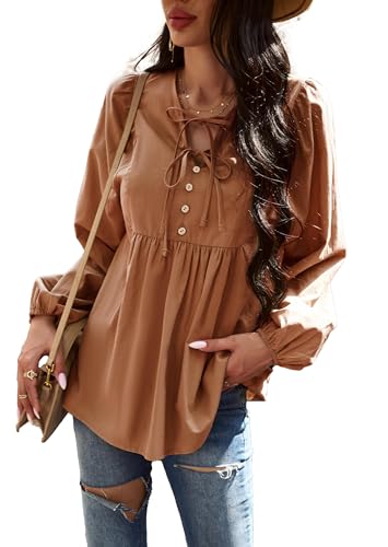 VOGMATE Damen Bluse Langarm Tunika Elegant Modische Baumwolle Oberteile Krawatten V-Ausschnitt Longshirt Locker Top