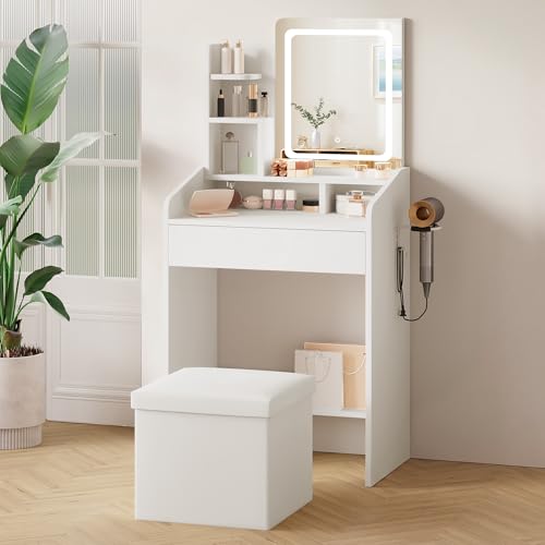 Image of LIVELYGLOW 24 inch White Small Vanity Set with Lighted Mirror & Storage Stool | Smart LED Mirror, Charging Station, Hairdryer Rack, Space-Saving