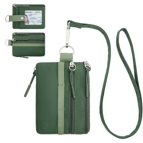 Image of BOSTANTEN Small Wallet RFID, Minimalist Zip ID Case Wallet with Lanyard Keychain, Water Resistant Card Wallets for women & Men, Green
