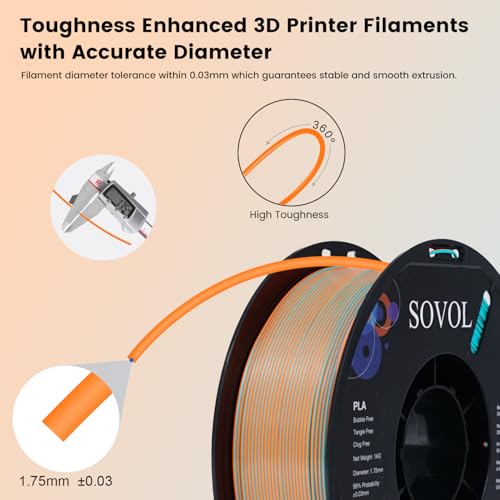Image of Sovol Dual Color PLA Filament 1.75mm, Silk PLA 3D Printing Material, Dual Color Filament Orange + Light Blue 2 in 1 Coextrusion PLA Filament + /-0.03mm, 1kg /2.2lbs