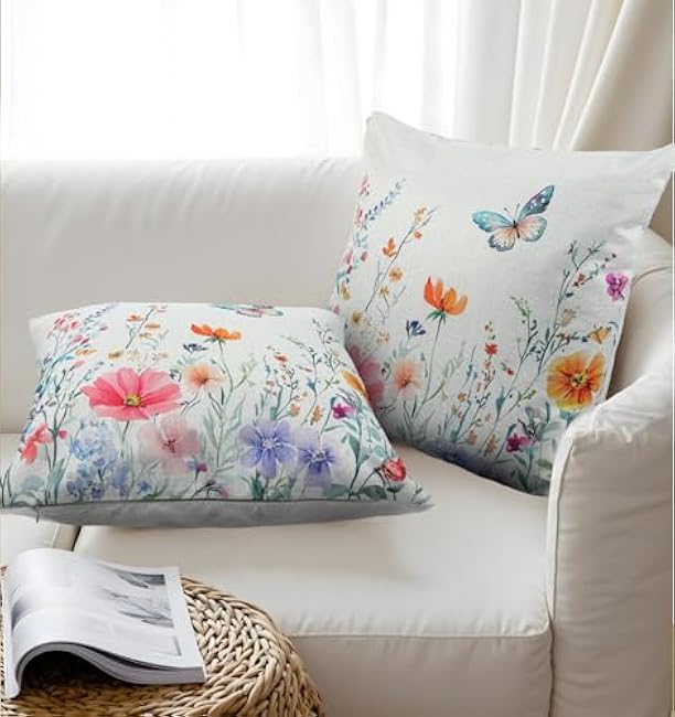 2PCS Spring Pillow Covers 18x18, Butterfly Pillow Covers, Boho Floral Farmhouse Decor, Removable Washable Cushion Cases for Couch Porch Living Room