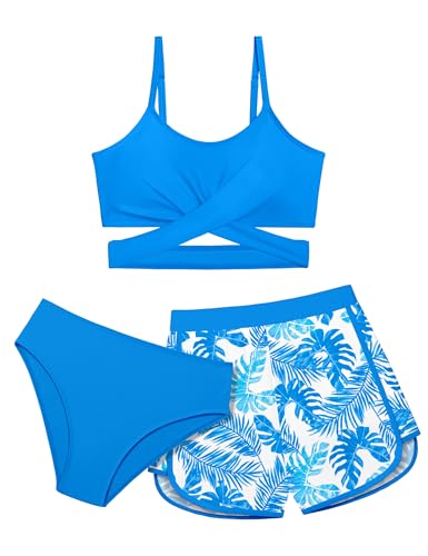 Image of Girls Swimsuit 3 Piece Bathing Suit Criss Cross Bikini Set Girls' Swimwear with Shorts 7-16T