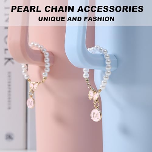 Image of Accessories for Stanley Cup Pearl Chain Initial Accessoriess for Handle Stuff Decor Water Bottle Jewelry Tumbler Cute Simple Modern Personalized Name ID Decorations Letter Pink Tag S