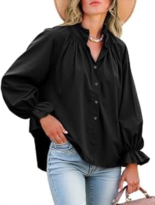 Tankaneo Womens Puff Long Sleeve Button Down Blouse Shirts Black