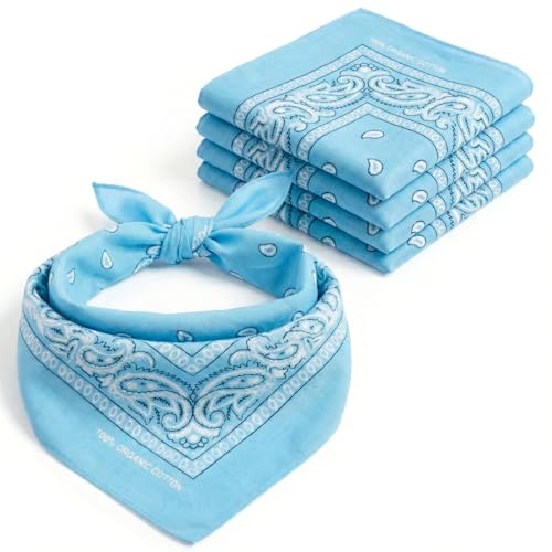 AURAE Bandana Azul Claro – 100% Algodón & Fibra Natural – Pañuelo Cabeza Hombre y Mujer Sin Poliéster – Suave, Resistente & Lavable – Bandana Hombre y Mujer – Unisex & Niños - 5 Pack