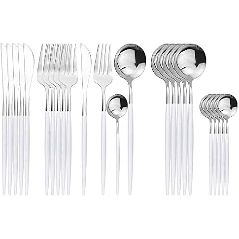 Uniturcky Silver Silverware Set, 24-Piece Stainless Steel Flatware Set Service For 6, Mirror Polished White Handle Tableware Cutlery Set Knife Fork And Spoon For Home & Restaurant, Dishwasher Safe Cover