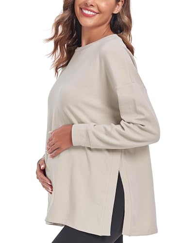 Love2Mi Women’s Maternity Tops Long Sleeve Loose Fit Maternity T-Shirt Split Side Breastfeeding Top Maternity Clothing Apricot