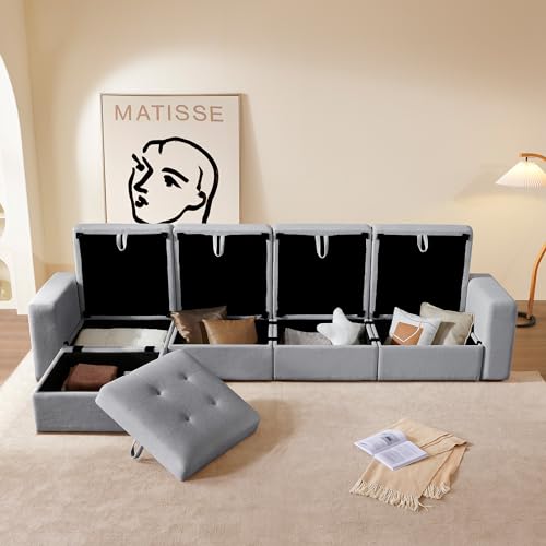 Image of QHITTY L Shaped Sectional Modular Sofa, 5 Seater Accent Couch with Hidden Extra Large Storage Space for Living Room, Grey