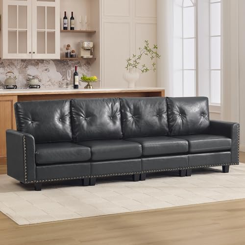 Image of 105 inch Faux Leather Modular Sectional 4 Seater Couch, Vintage PU Leather Sofa with Nailhead Trim, Mid Century Modern Tufted Couches for Living Room, Bedroom, Office, Reception, Black