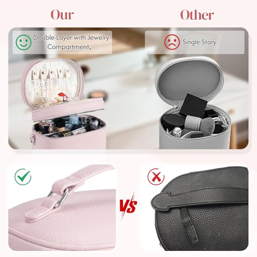 cysiyu Leather Makeup Bag Organizer Double Layer Vanity Bag Large Capacity with Compartments and Handle Travel Portable Storage Crossbody Cosmetic Jewelry Case for Women. Pink — view 5