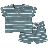 Modern Moments by Gerber Baby Boys' Henley Shirt and Shorts Set, Medium Teal Stripe, 6-9 Months