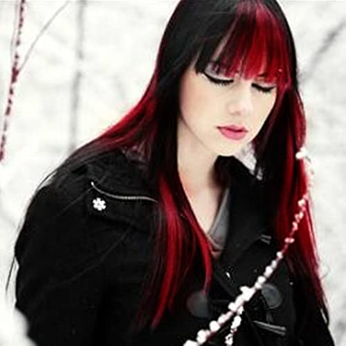 Image of Swiking Black and Red Long Straight Wigs with Bangs for Women Two Tone Heat Resistant Synthetic Wig for Daily Cosplay Halloween Party Use