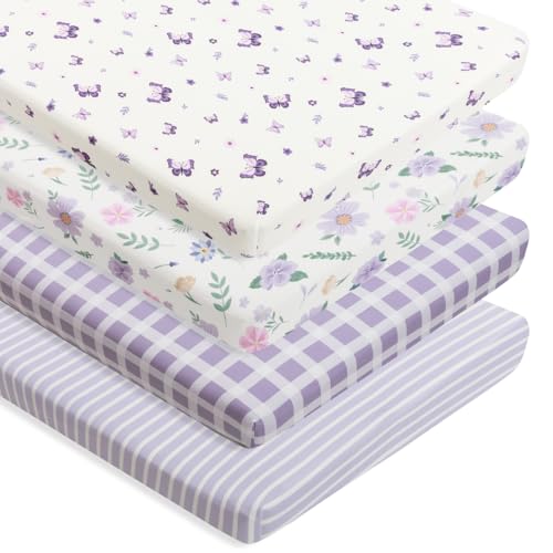 Image of 4 Pack Butterfly Baby Crib Sheets for Baby Girls Purple Crib Fitted Sheets for Standard Size Crib and Toddler Mattress Soft and Breathable (Pack N Play)