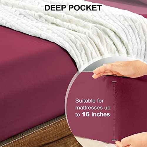 FreshCulture King Fitted Sheet 2 Pack - Hotel Quality - Ultra Soft & Breathable - Brushed Microfiber - Deep Pocket - Cooling Fitted Sheets for King Size Bed (Burgundy)