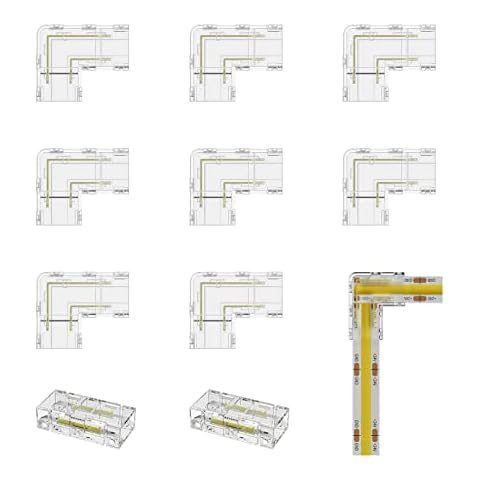 PAUTIX 8mm COB Connector 8pcs L-Shaped/Corner Connector,Unwired Clips Solderless Adapter Terminal Extension Connection,2pcs Transparent Gapless Connectors for 2-Pin COB LED Strip Lights,NOT for 10mm Cover