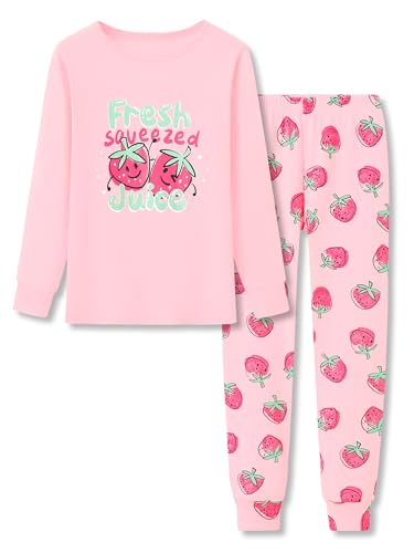 Recopilación de Pantalones de pijama para Niña los mejores 5. 46 Topgal Conjunto de pijama de 2 piezas para niñas, de algodón, ajustado, con mangas largas y pantalón, color rosa fresa, talla 12