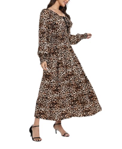 Image of OSTOO Women's 2026 Casual Long Sleeve Square Neck Smocked High Waist Flowy Maxi Dress,Boho Tiered Beach Party Dress