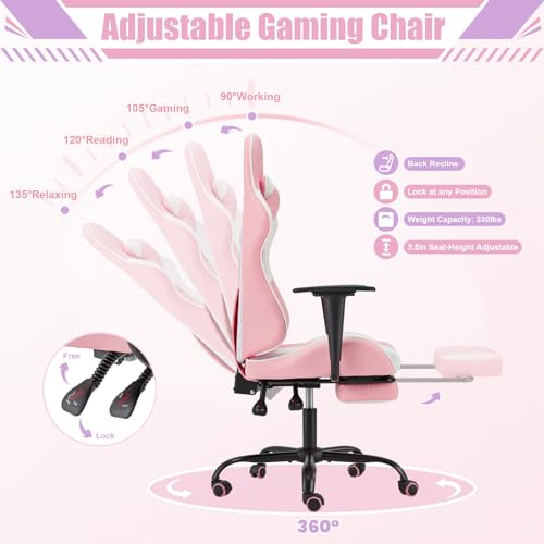 Image of ECOTOUGE PC Gaming Chair Massage Ergonomic Office Desk Chair Racing PU Leather Recliner Swivel Rocker with Headrest and Lumbar Pillow, Pink-White