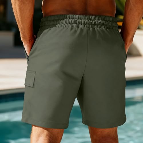 Image of Mens Casual Cargo Shorts Outdoor Elastic Waist Drawstring Sweat Shorts Breathable Gym Workout Jogger Shorts Summer