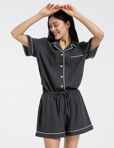 Image of Womens Muslin Pajama Set 100% Cotton Double Gauze Linen Like | Breathable Soft Comfort Button Up Loungewear Sleepwear PJ Set