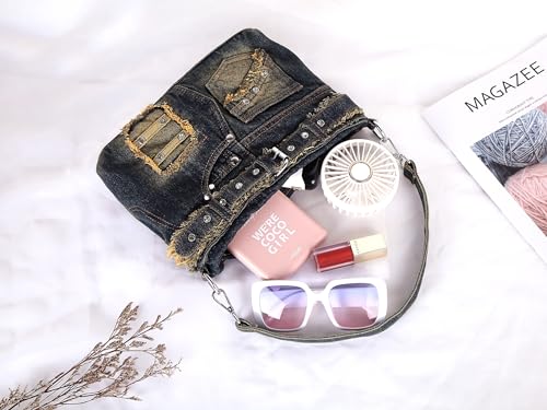 Image of Fashion Crossbody Bag Denim Purse with Rhinestones Y2K Jean Handbag for Women | Washed Denim