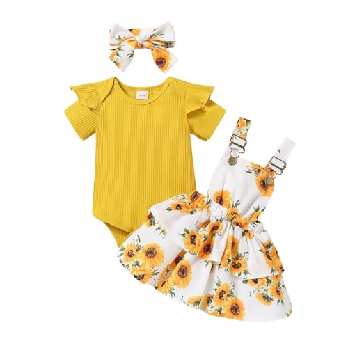 Baby Girl Clothes Cute Summer Outfits Short Sleeve Romper Adjustable Floral Overall Dress Headband 3PCS
