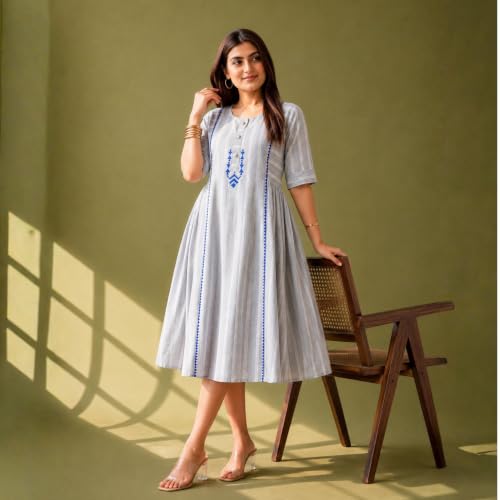 Image of Women's Grey Striped Cotton Midi Dress | Round Neck | Hand Block Print, Button Detailing, Half Sleeves | A-Line Casual One Piece Frock