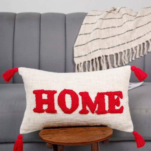 Image of HOMADORN 100% Cotton Text Pattern Handtufted /Embroided Decorative Cushion Cover (12X20 Inches) (1, Home RED)