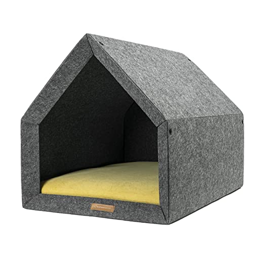 Rexproduct - PetHome Hundehütte mit Liegefläche und Dach I Biss- und Kratzfest I Gute Schalldämmung I Umweltfreundlich & Einfach zu Montieren I Größe S (60x42x43 cm) - Dunkelgrau und Gelb