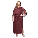 S.L. Fashions Women's Long Glitter Mesh Capelet Gown with Side Slit, Wedding Guest, Formal Dress (Plus Size), Fig