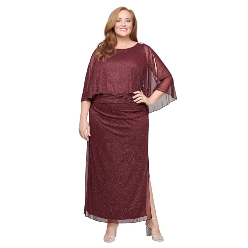 S.L. Fashions Women's Long Glitter Mesh Capelet Gown with Side Slit, Wedding Guest, Formal Dress (Plus Size), Fig