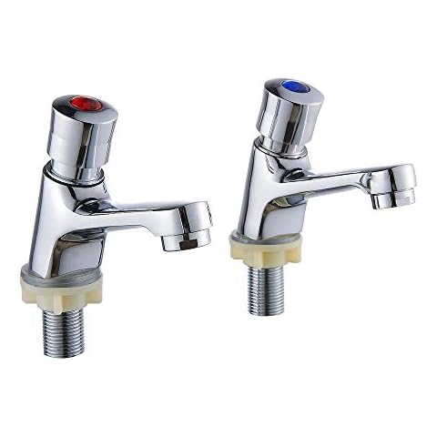 1 Pair Bathroom Sink Taps Modern Self Close Tap Hot Cold Mixer Chrome Finish Press Water Non-Concussive for Public Toilet Bathroom Hotel Home Cover