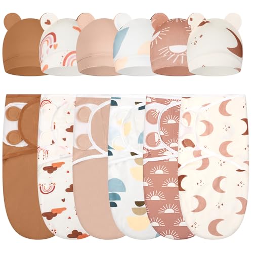 Image of Ramede 6 Pack Swaddle Blanket with Hats for Baby Girl Boy 100% Cotton Swaddles 0-3 Months, Adjustable Breathable Skin Friendly Receiving Blanket Wrap, Essential for Newborns