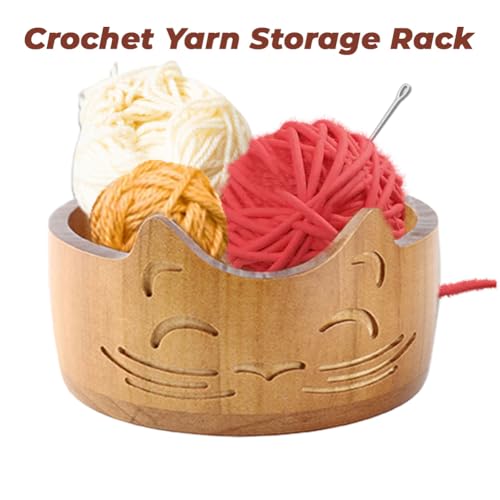 Image of Sunicon Cat Crochet Bowl, Wooden Yarn Bowls for Crocheting, Knitting Bowl, Yarn Storage Bowls, Crochet Yarn Holder for DIY Knitting and Crochet Christmas, Thanksgiving,New Year's Gifts(18x18x10cm)
