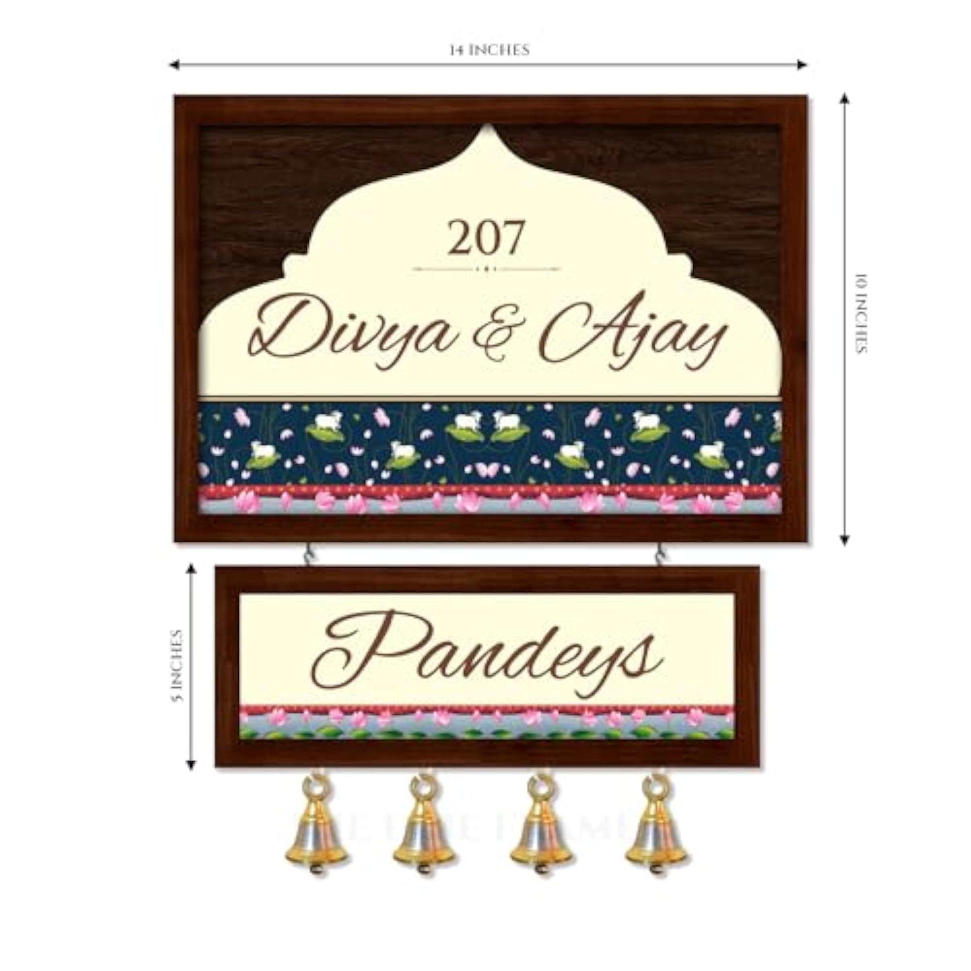 Personalized Brass Bell Wooden Door Plate with Matte Finish