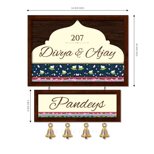 Image of Customised Name Plate for Home Entrance | Wooden Door Name Plate with Brass color Bell & Matte Finish for Home Decor | Personalized with Name & Apartment Number | Two layer Name plate | 10x14 inch | Housewarming Gift (TEAK BROWN)