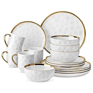 LOVECASA White and Gold Dinnerware Sets, Stoneware Dish Set for 4, 16 Piece Kitchen Plates and Bowls Sets, Handmade Dinner Set with Gold Trim