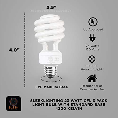Sleeklighting E26 Standard Screw Base 23Watt Cfl Light Bulb - 3 Pack, 4200 Kelvin For Pure Cool White And 1600 Lumens (100 Watt Light Bulb Equivalent) - Ul Listed #TOP1