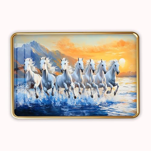 Image of 7 Running Horses Photo Frame, Ultra High Gloss Lamination, Vastu Painting for Living Room, Office, 12x18 Inch (Design 23)