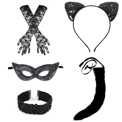 Accessoires Halloween chat dentelle : kit de déguisement masque et oreilles pour jeux de rôle