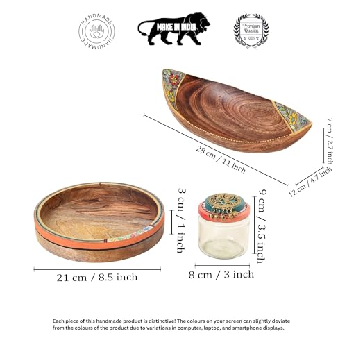 Image of AAKRITI ART CREATIONS Elegant Entertainers Serving & Snacking Set | Warli Art Wooden Tray with 3 Glass & Dhokra Jars | Glossy Multicolor Kitchen & Dining Table Decor